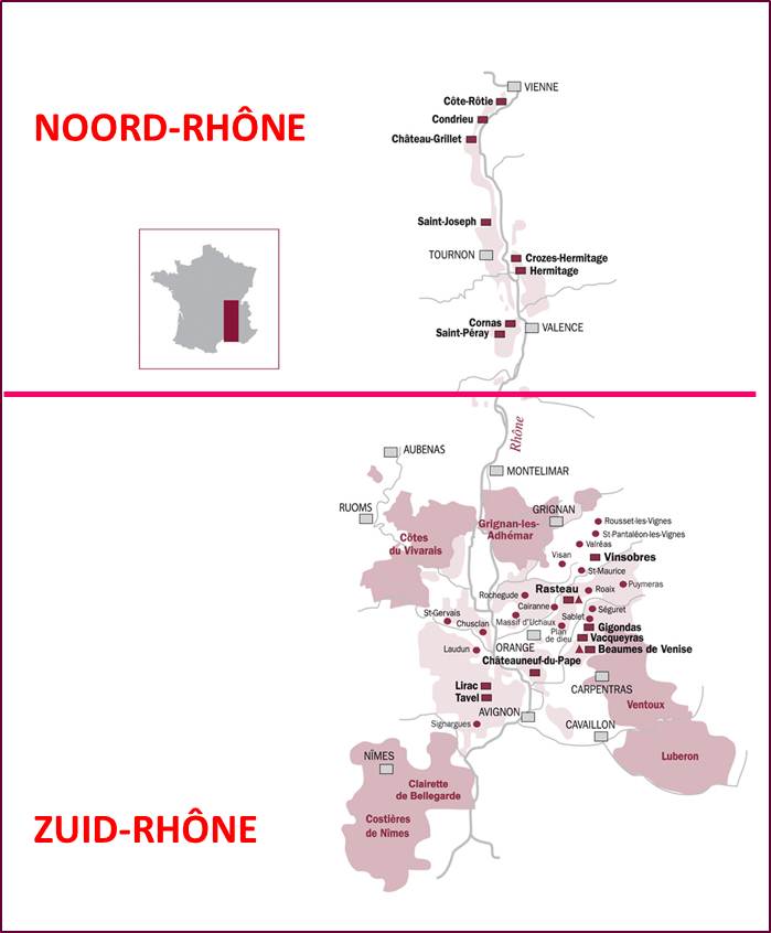 kaart Noord- en Zuid-Rhône
