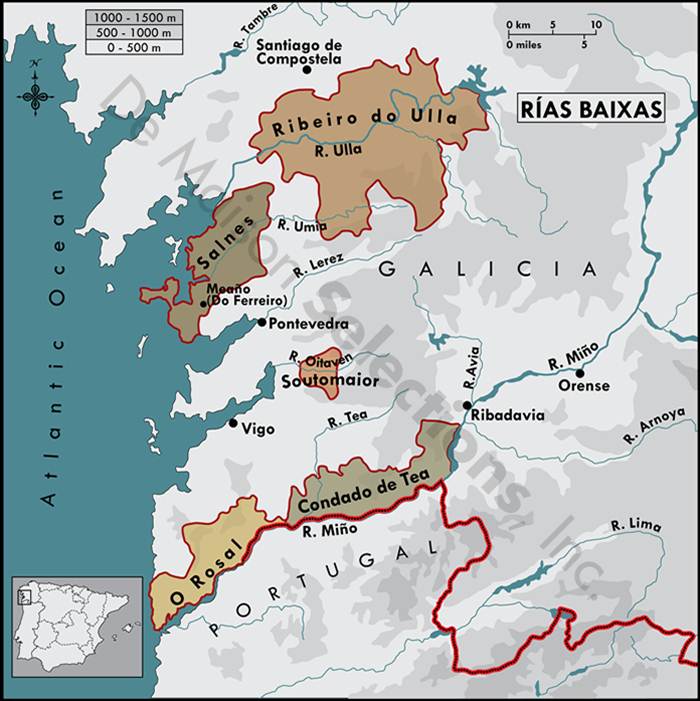 Rías Baixas kaart met subgebieden