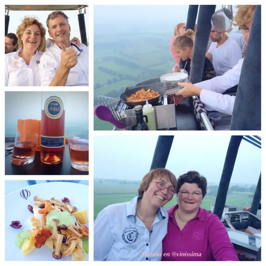 Met Angélique en René (linksboven) in de ballon, genieten Marion en Ingrid van het hoofdgerecht van polderhoen en rosé van Arjolle
