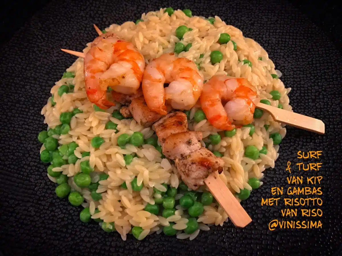 Surf & turf van kip en gambas met risotto van riso