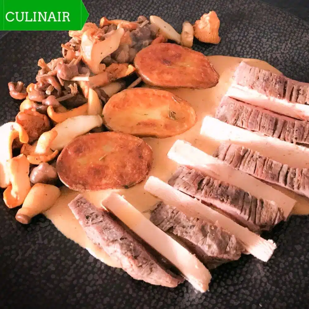 Bavette met foie gras en cognacsaus