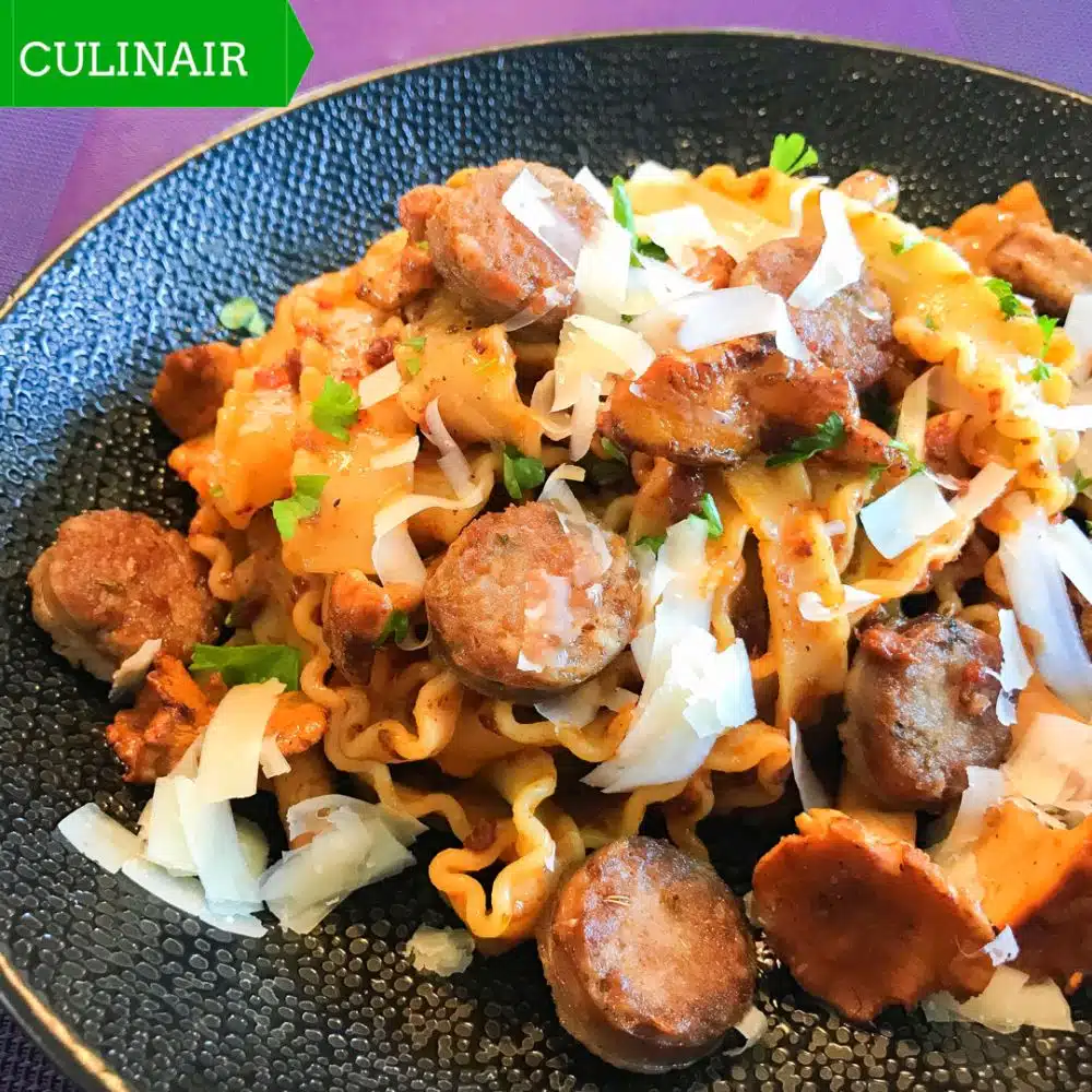 pasta met venkelworst en cantharellen