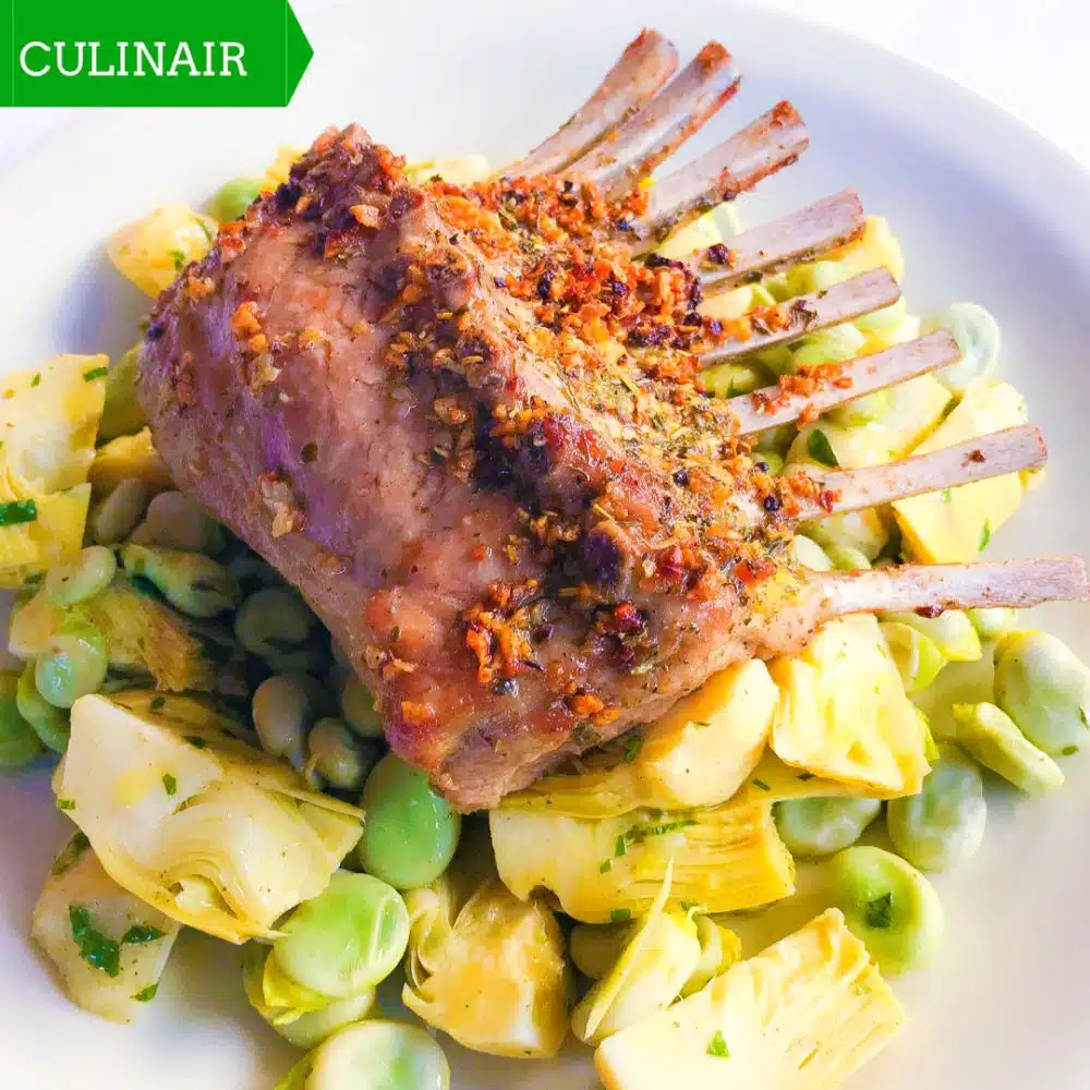Lamsrack met salade van artisjok en tuinbonen