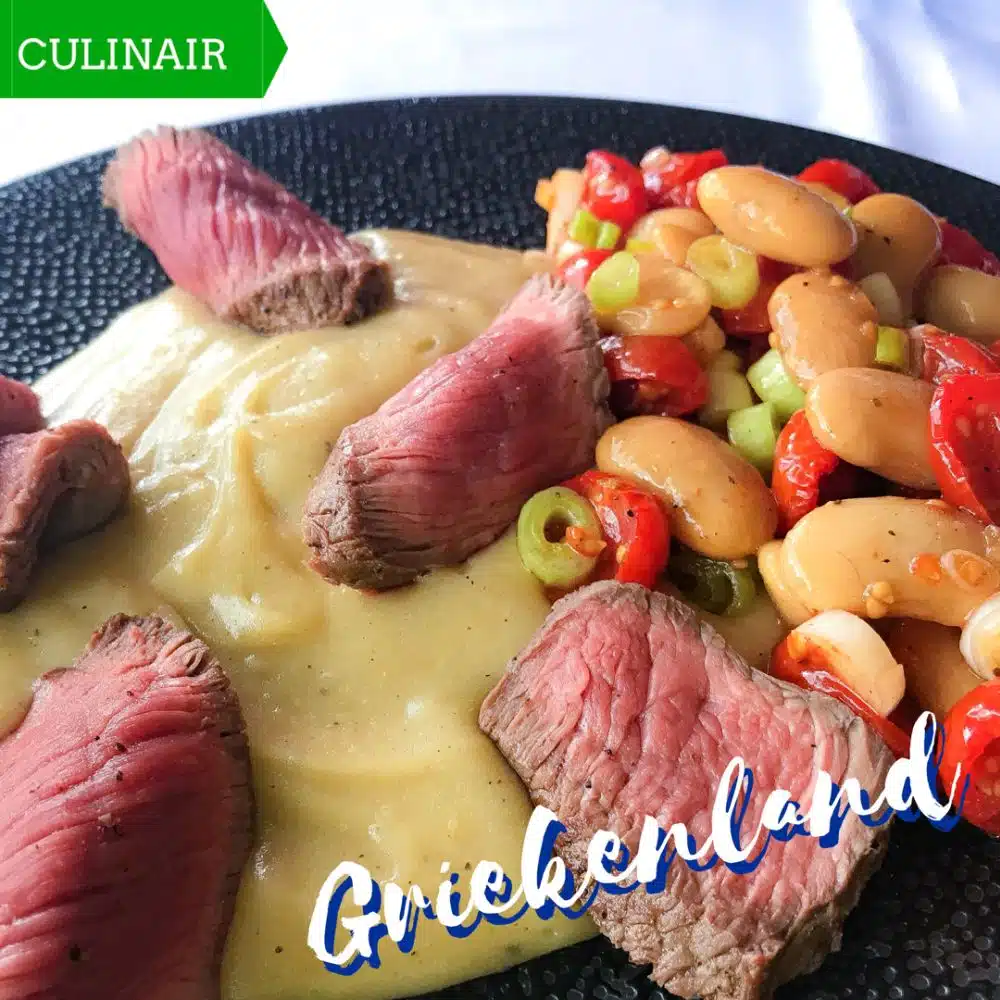 skordalia met Griekse bonen-tomatensalade