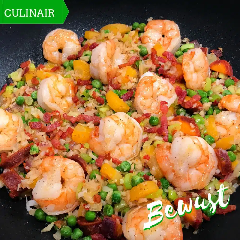 Spicy garnalen met bloemkoolrijst