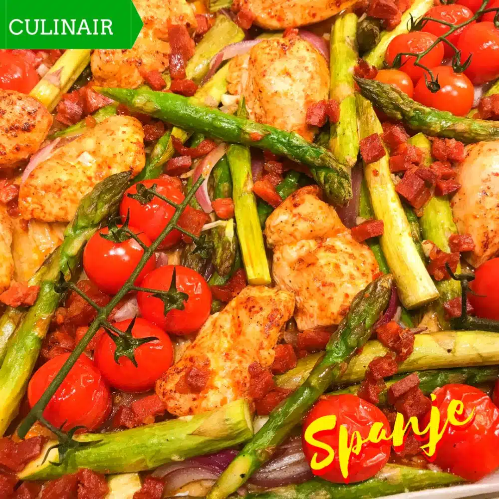 traybake kip groene asperges tomaat chorizo