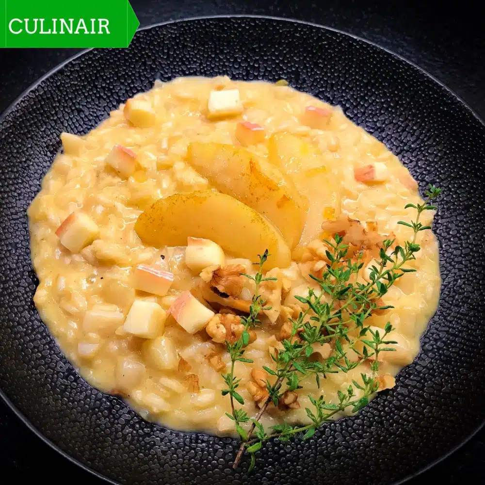Risotto met peren, taleggio, walnoten en grappa