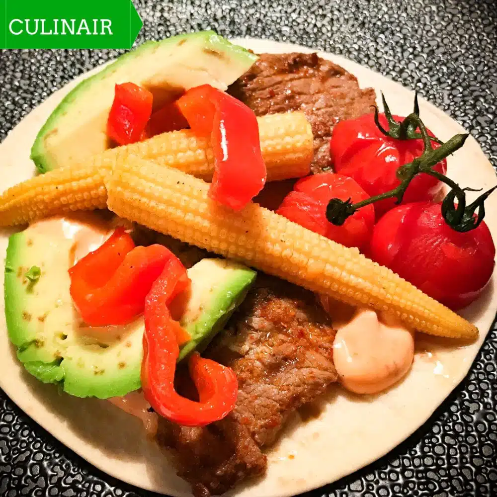 tortilla met gemarineerde biefstukjes