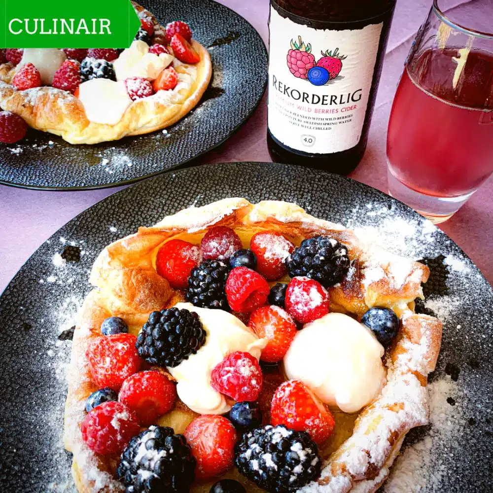 Dutch Baby met rood fruit en Licor 43 en Rekorderlig cider