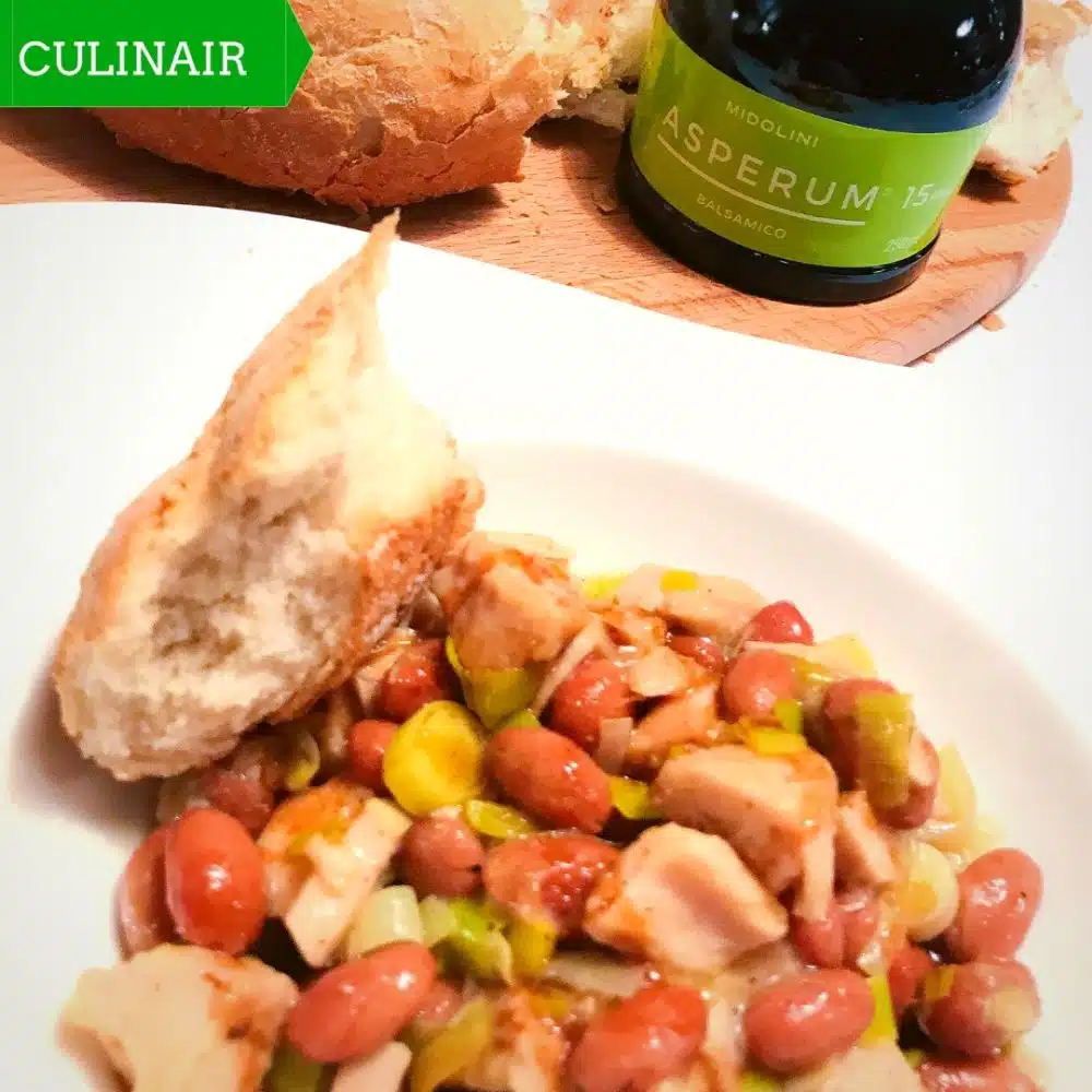 tonijn met borlottibonen prei en balsamico