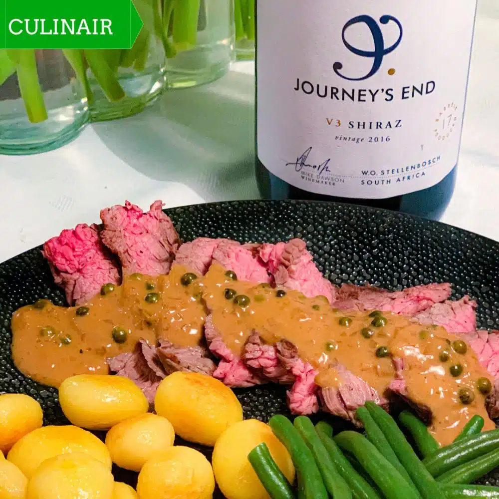 Bavette met groene pepersaus en Zuid-Afrikaanse shiraz van Journey's End