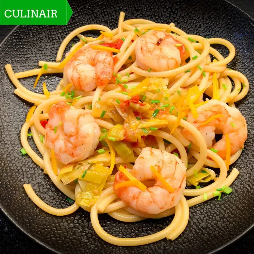 Pasta met tijgergarnalen en sinaasappel