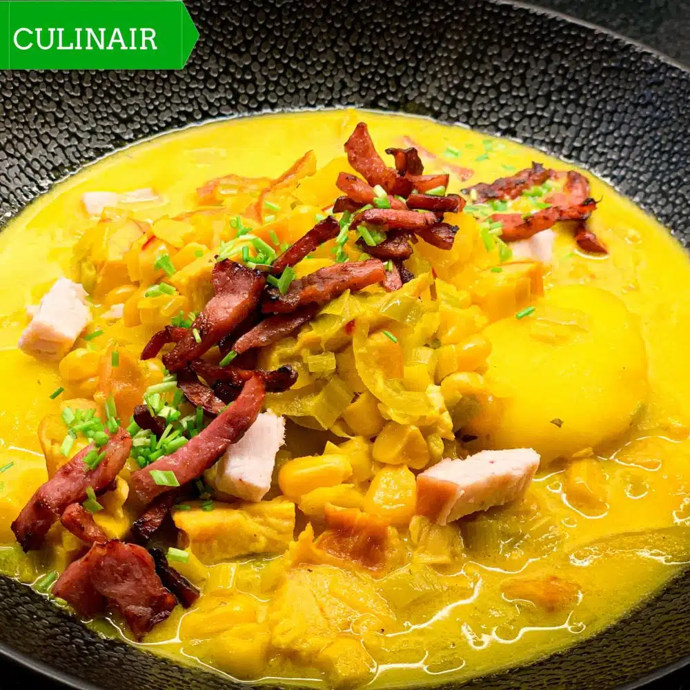 Chowder met gerookte kipfilet maïs en saffraan