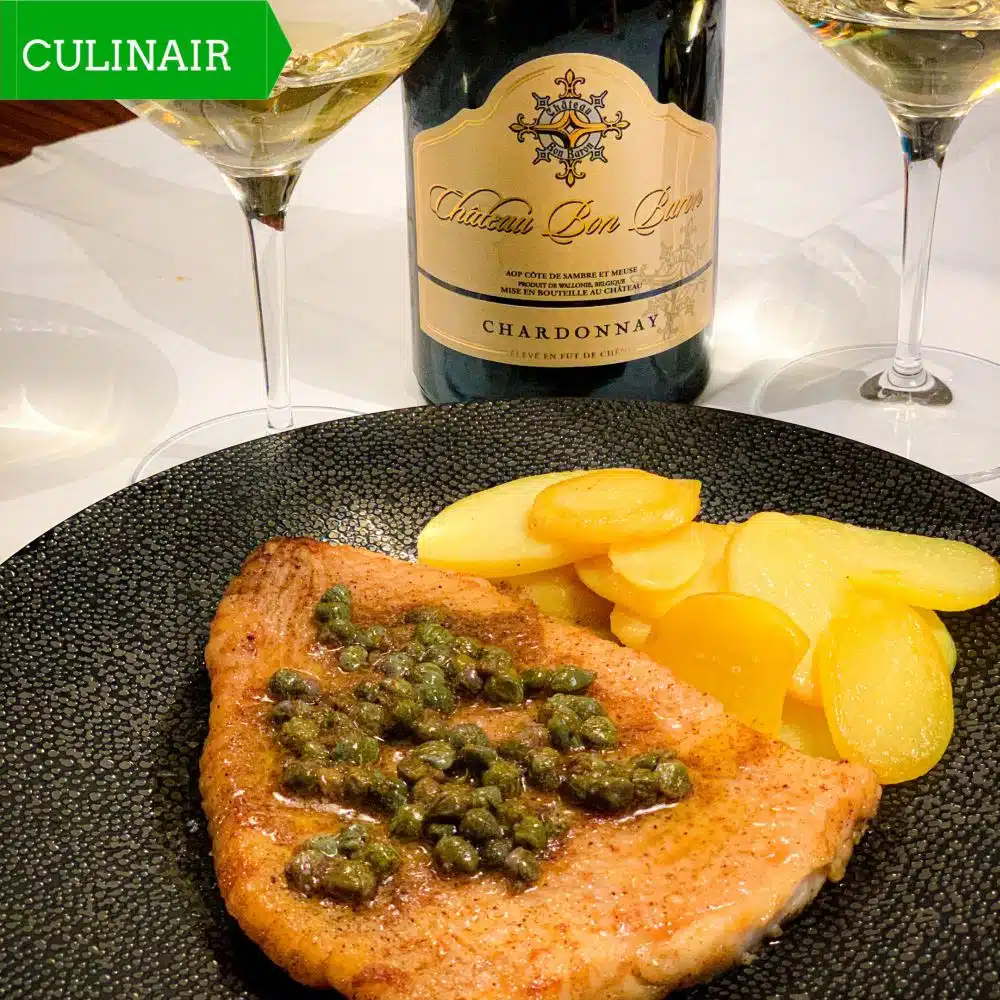 Rog met kappertjes-botersaus en chardonnay van Château Bon Baron