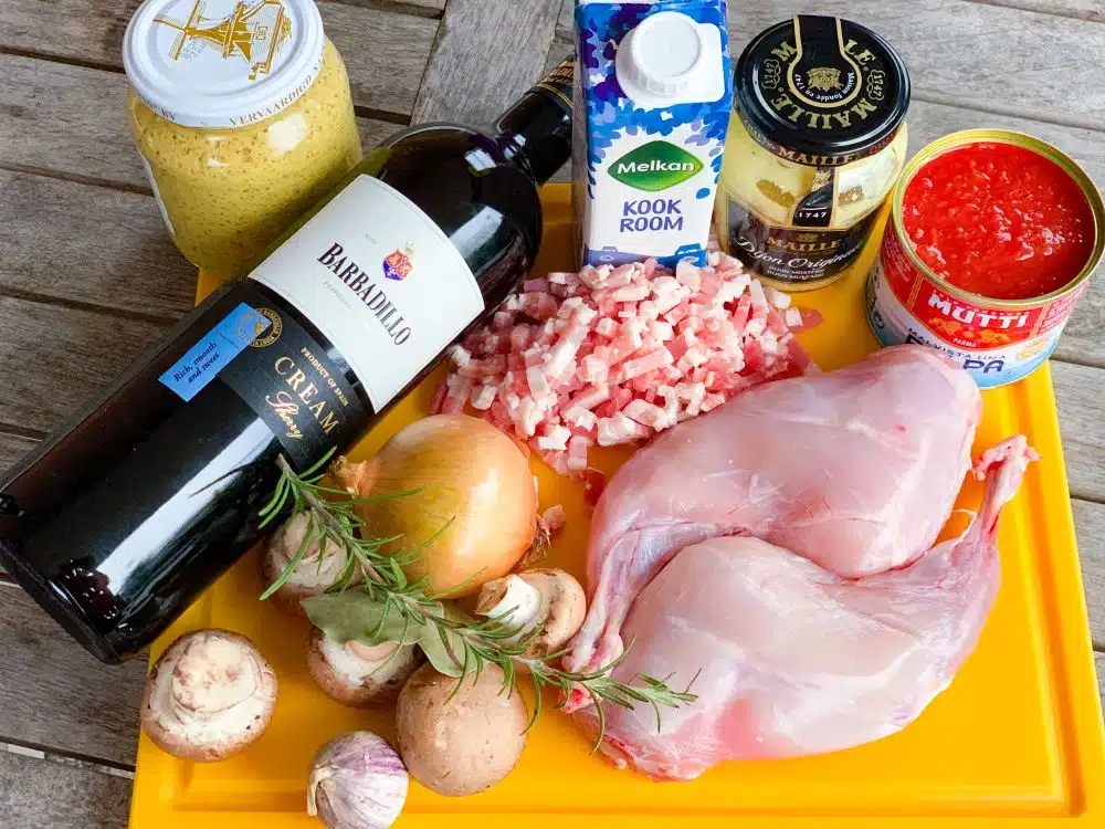 Ingrediënten Spaans konijn met sherry-mosterdsaus Ingrediënten Spaans konijn met sherry-mosterdsaus
