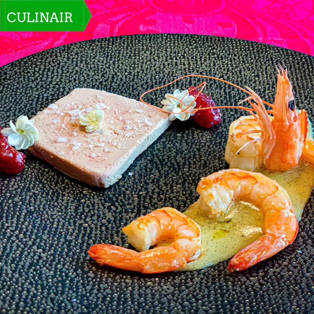 Surf en Turf foie gras met gambas en vanillesaus