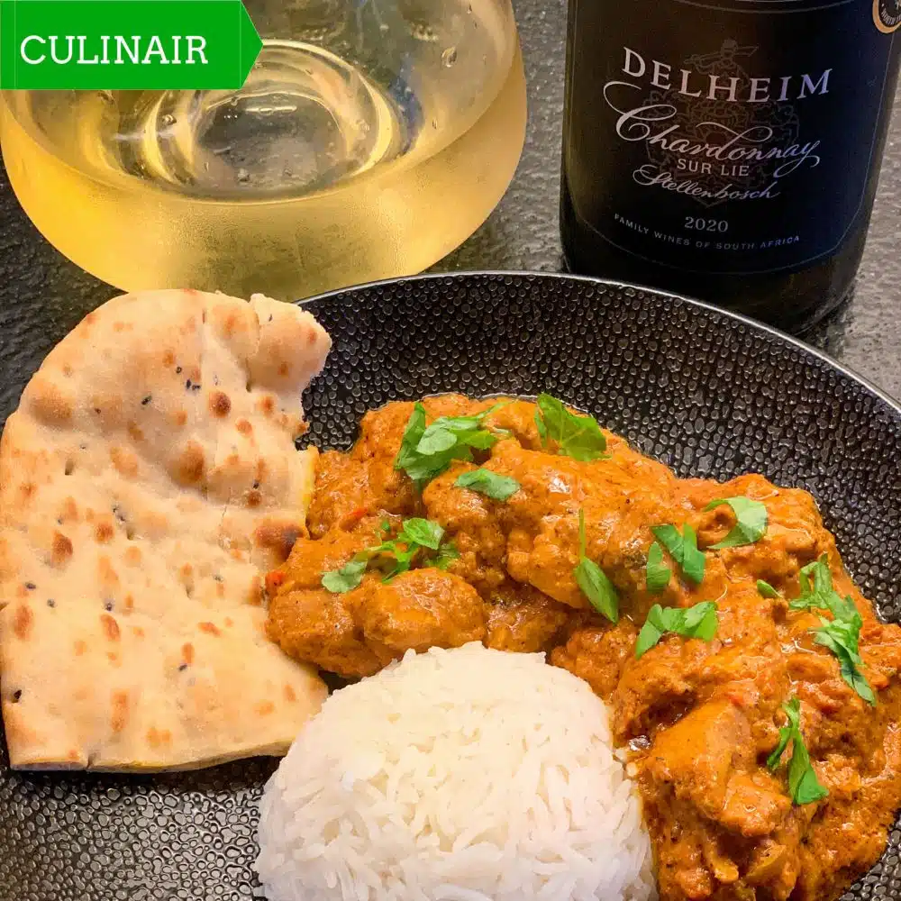 Butter chicken en Delheim chardonnay sur lie