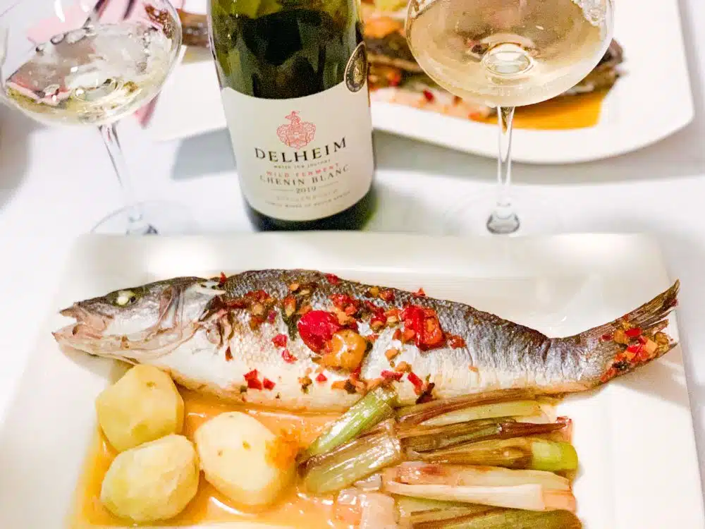Delheim chenin blanc wild ferment bij zeebaars Delheim chenin blanc wild ferment bij zeebaars