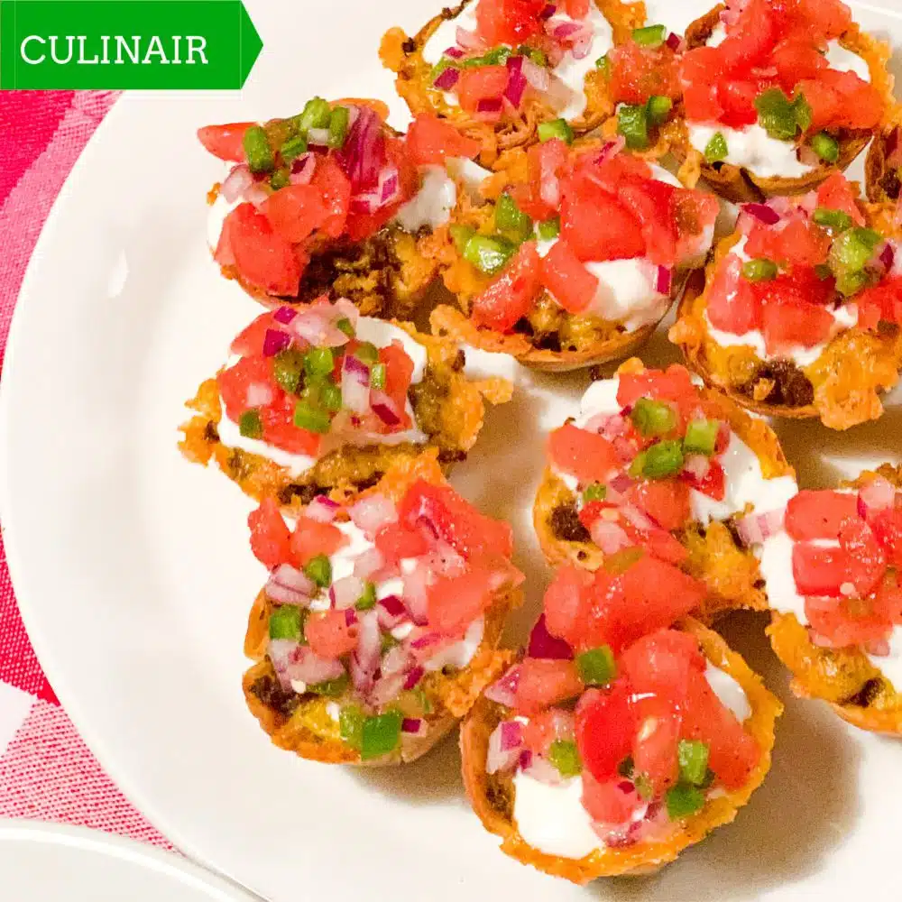 Taco cups met kruidig gehakt en pico de galli