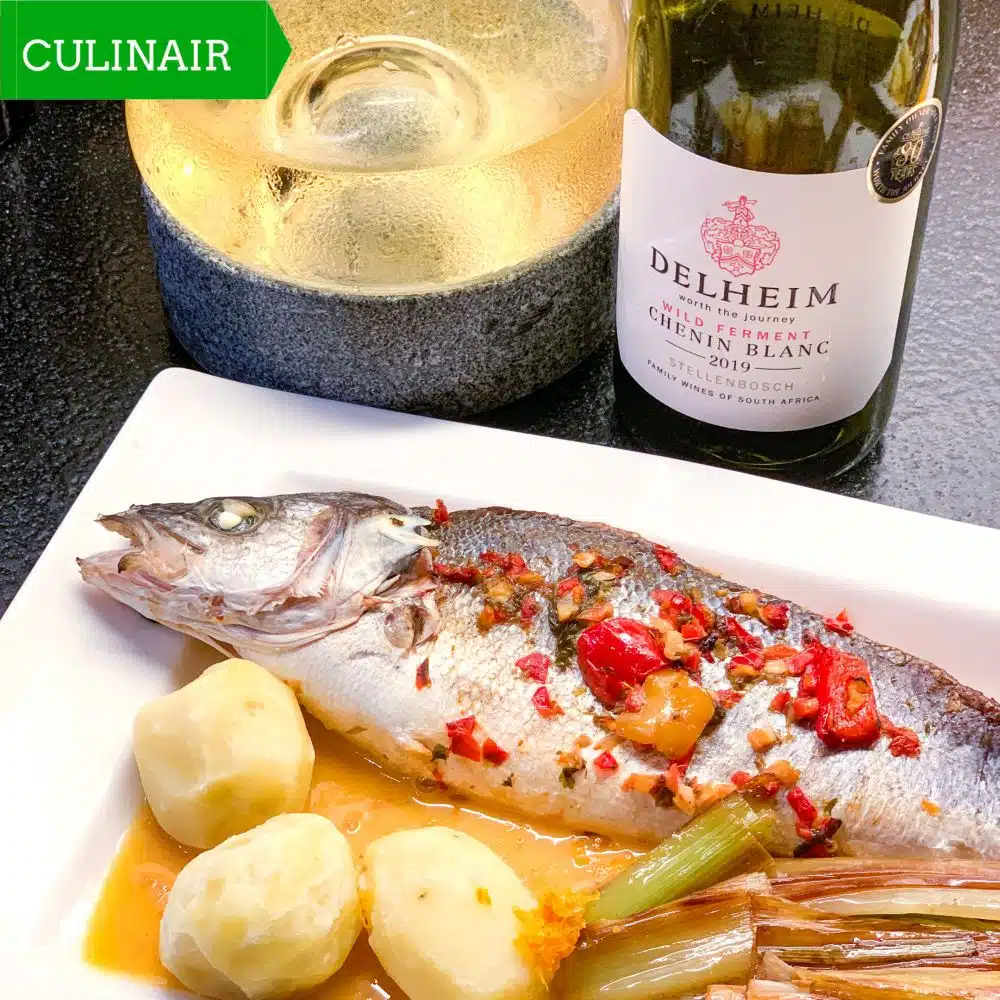 Zeebaars met sinaasappel-beurre blanc en Delheim wild ferment chenin blanc