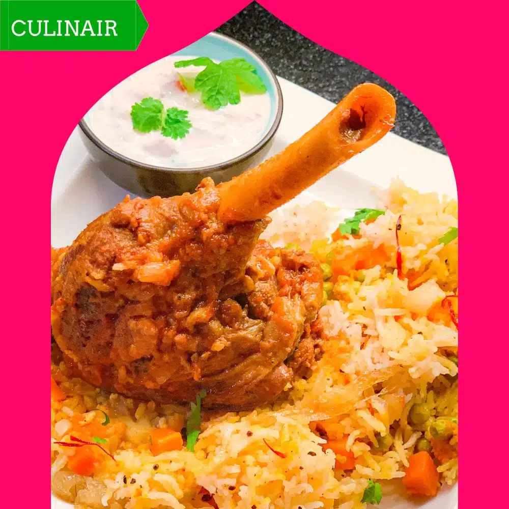 Lamsschenkel met Hyderabadi Biryani