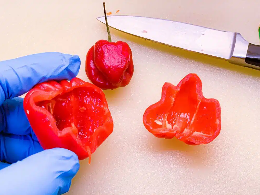 Pepertjes snijden met keukenhandschoen