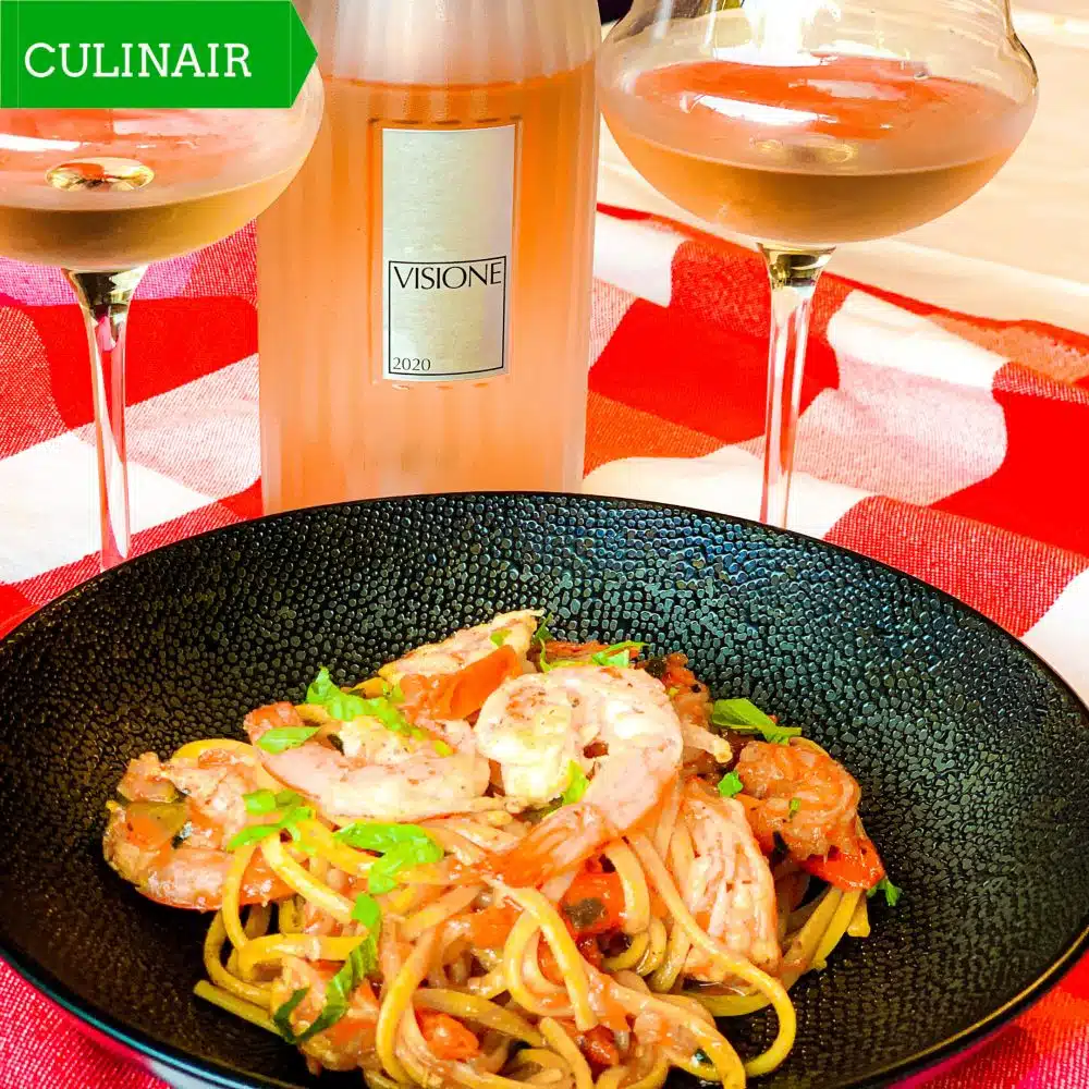 linguine met gegrilde gambas en zongedroogde tomaten