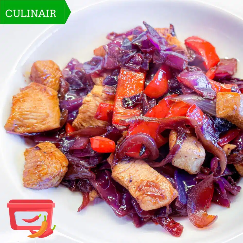 snelle wolschotel met kip paarse spitskool paprika en gochujang