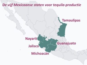 de vijf Mexicaanse staten voor tequila-productie