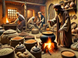 Mujadara werd al beschreven in 1226 door al-Baghdadi (AI art by @vinissima)