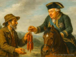 Oom Rico geeft chorizo aan koning Carlos IV - AI art by @vinissima