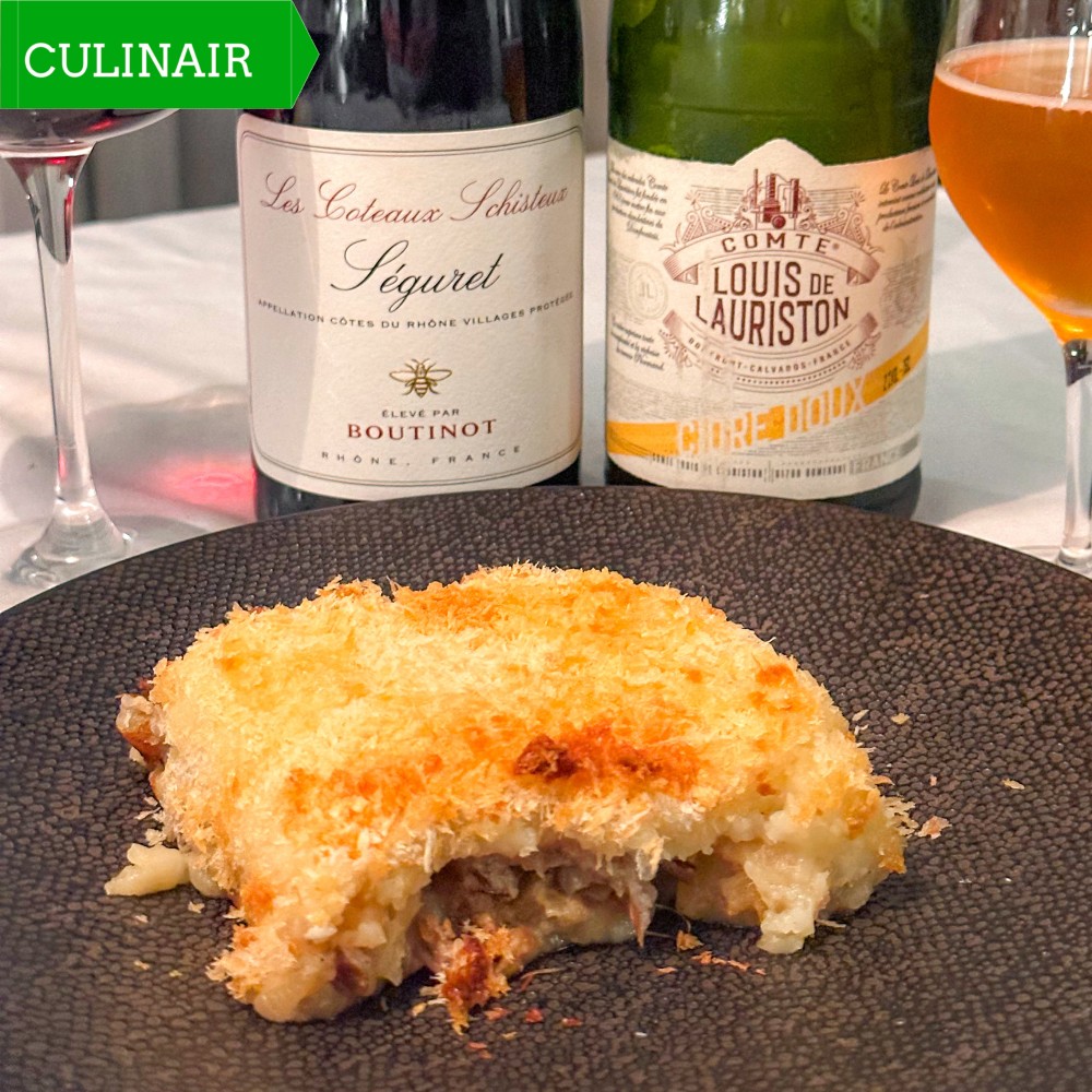 Parmentier de confit de canard met appel cider en Calvados