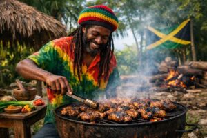 Jamaicaanse man grilt jerk chicken