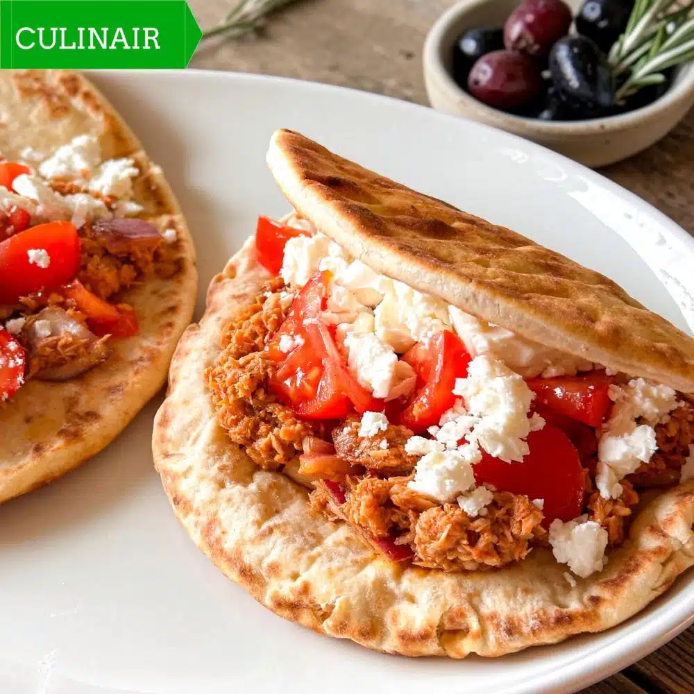 Snelle pita met tonijn harissa tomaat en feta